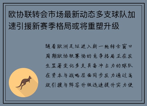 欧协联转会市场最新动态多支球队加速引援新赛季格局或将重塑升级 欧协联转会市场最新动态多支球队加速引援新赛季格局或将重塑升级
